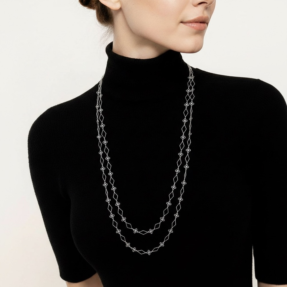 Diamond & Clover Silver Toned Extra Long Body Necklace